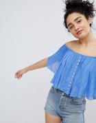 Bershka Button Stripe Of The Shoulder Top In Blue - Blue