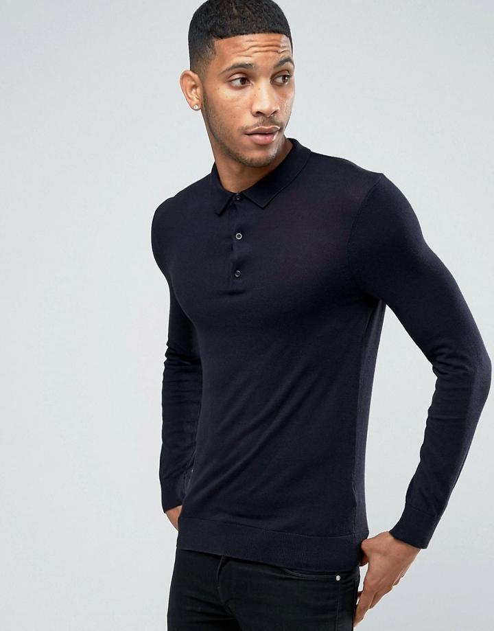 New Look Knitted Long Sleeve Polo In Navy - Blue