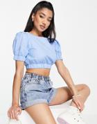 Glamorous Cropped Puff Sleeve Blouse In Blue - Part Of A Set