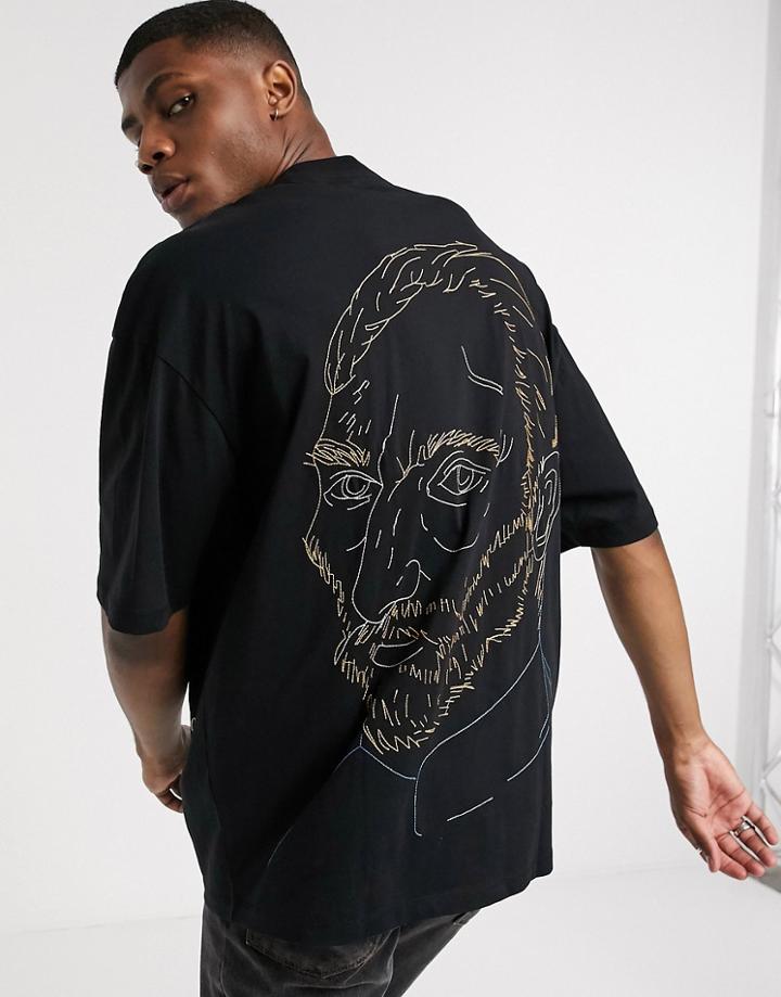 Asos Design Vincent Van Gogh Oversized Longline T-shirt With Back Embroidery Face Detail-black