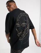 Asos Design Vincent Van Gogh Oversized Longline T-shirt With Back Embroidery Face Detail-black