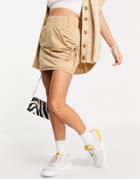 Asos Design Jersey Mini Skirt With Ruched Pocket Detail In Stone-multi