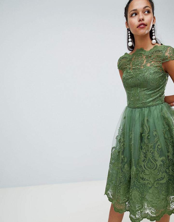 Chi Chi London Premium Lace Midi Dress With Cap Sleeve - Green