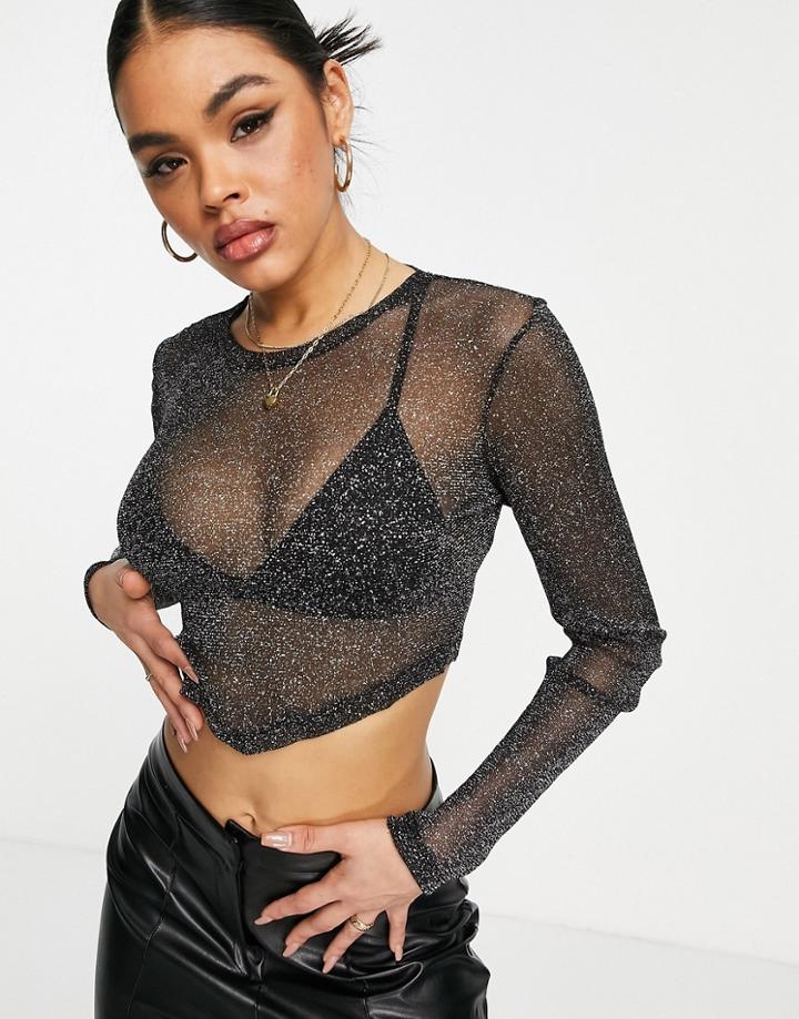 Asos Design Glitter Mesh Scarf Hem Top In Black
