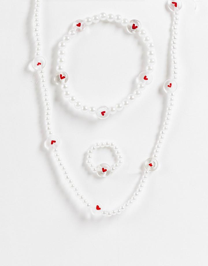 Pieces 3 Pack Pearl Necklace, Bracelet & Ring Set In White-multi