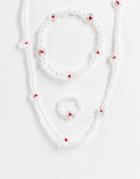 Pieces 3 Pack Pearl Necklace, Bracelet & Ring Set In White-multi