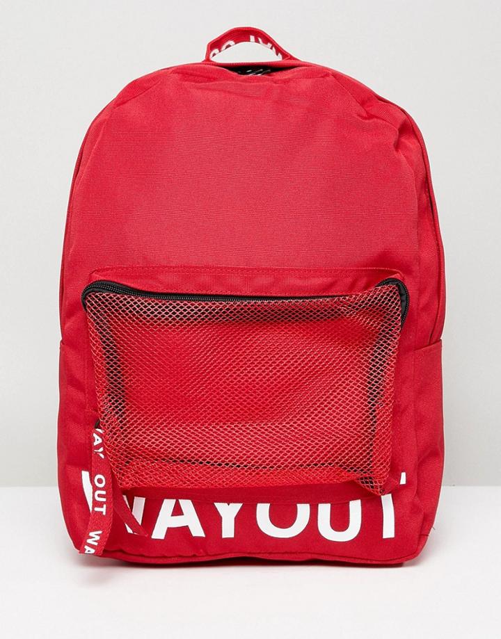 Bershka Slogan Backpack In Red - Black
