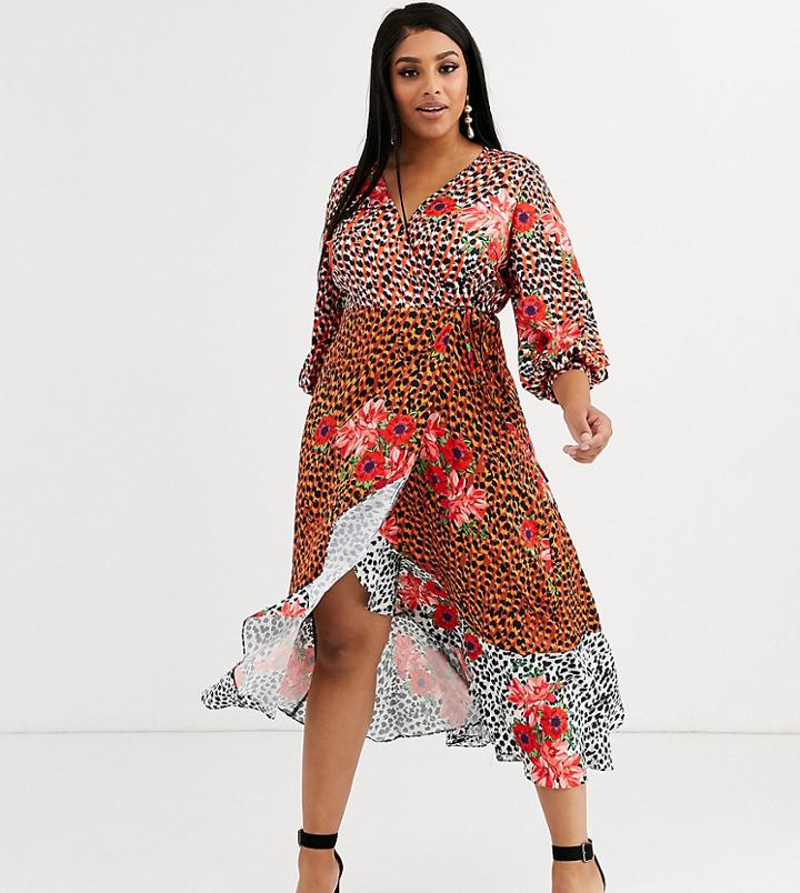 Liquorish Plus Wrap Front Satin Midaxi Dress In Animal Floral-multi