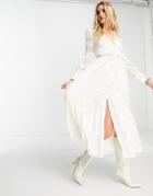Asos Design Button Through Midi Shirt Dress With Lace Inserts In Burnout In Cream-white