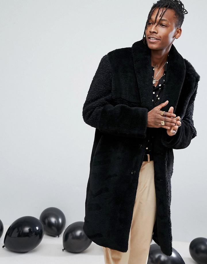 Asos Patchwork Faux Fur Overcoat In Black - Black