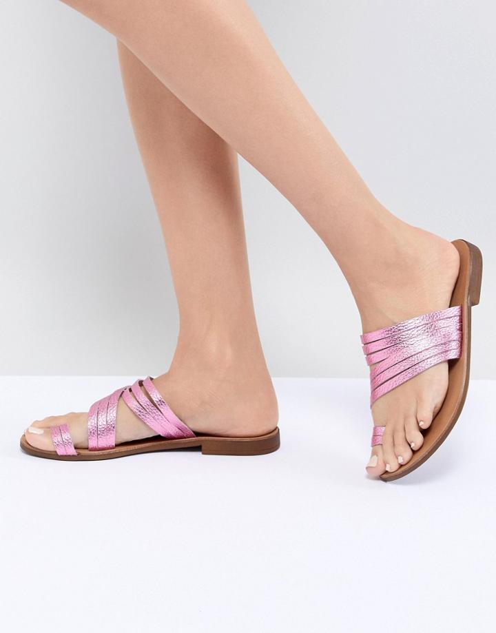 Pieces Metallic Leather Multi Strap Flat Sandal-pink