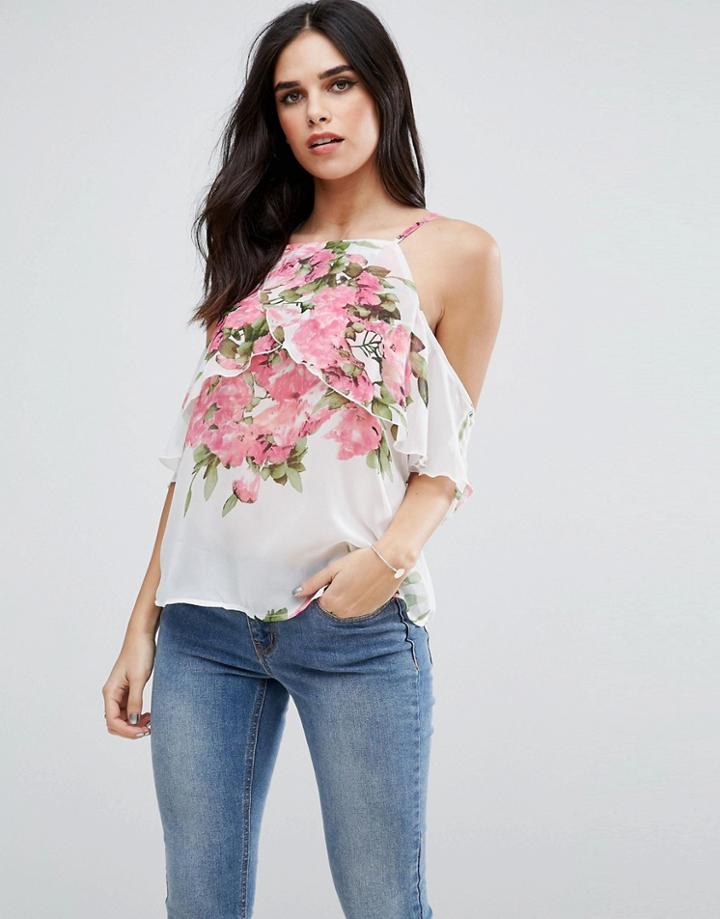 Ax Paris Frill Sleeve Floral Cami Top - Cream