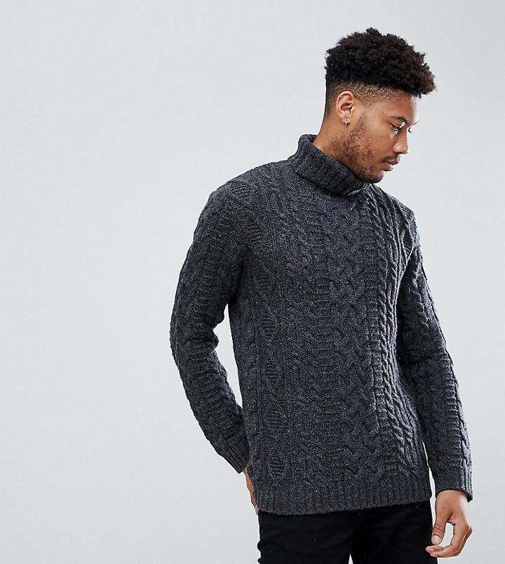 Asos Tall Cable Knit Roll Neck Sweater In Washed Black - Black