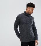 Asos Tall Cable Knit Roll Neck Sweater In Washed Black - Black