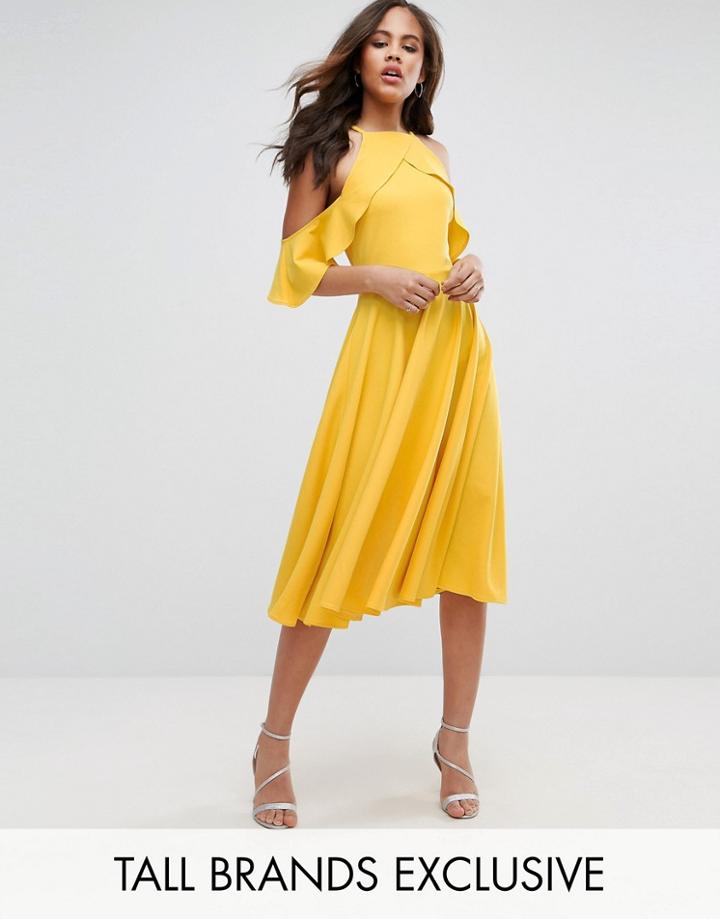 John Zack Tall Frill Cold Shoulder Midi Dress - Yellow