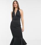 Asos Design Tall Exclusive Plunge Halter Belted Pep Hem Midi Dress With Contrast Top Stitch In Black
