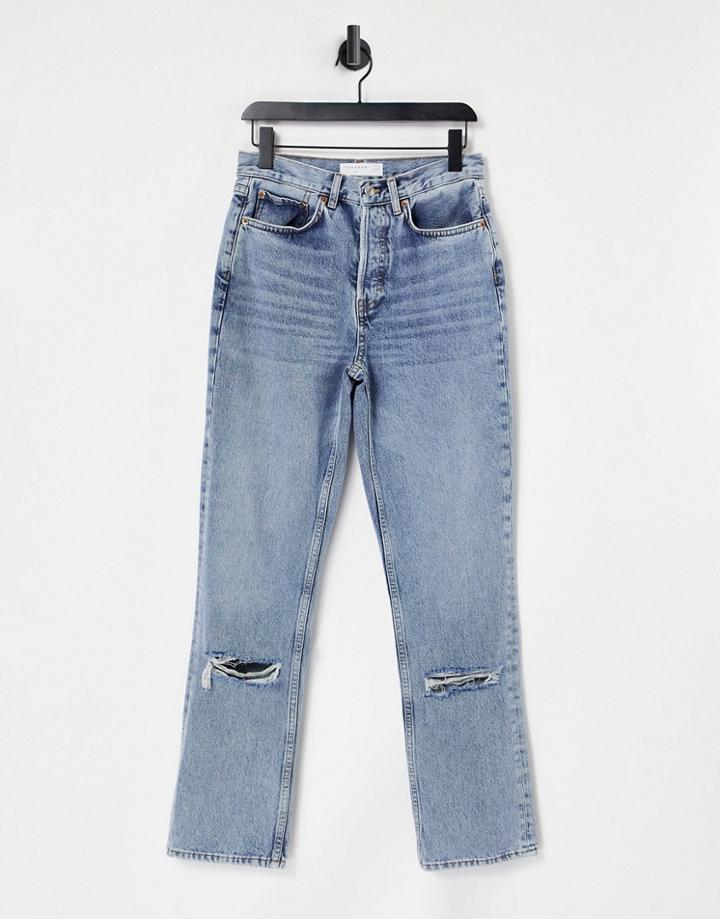 Topshop Recycled Cotton Blend Dad Jeans With Rips In Bleach-blues