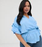 Asos Design Curve Wrap Top With Ruffle Detail-blue