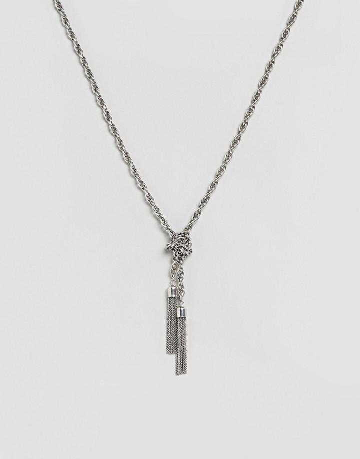 Asos Design Knot Chain Necklace With Tassels In Burnished Silver - Silver