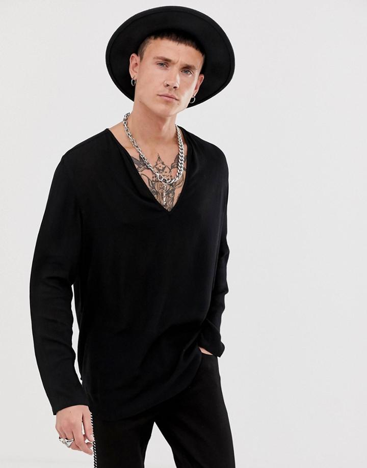 Asos Design Regular Fit Overhead Shirt In Crinkle Viscose In Black - Black