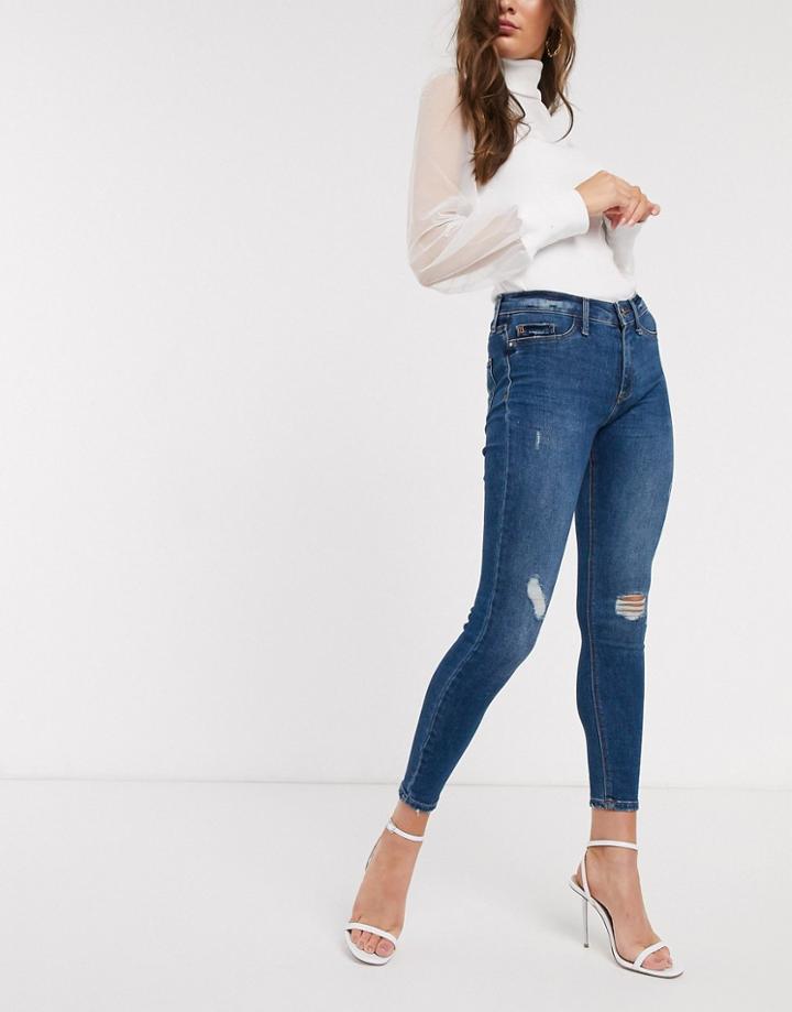 River Island Molly Ripped Detail Skinny Jeans In Mid Blue-blues