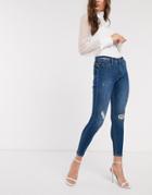 River Island Molly Ripped Detail Skinny Jeans In Mid Blue-blues