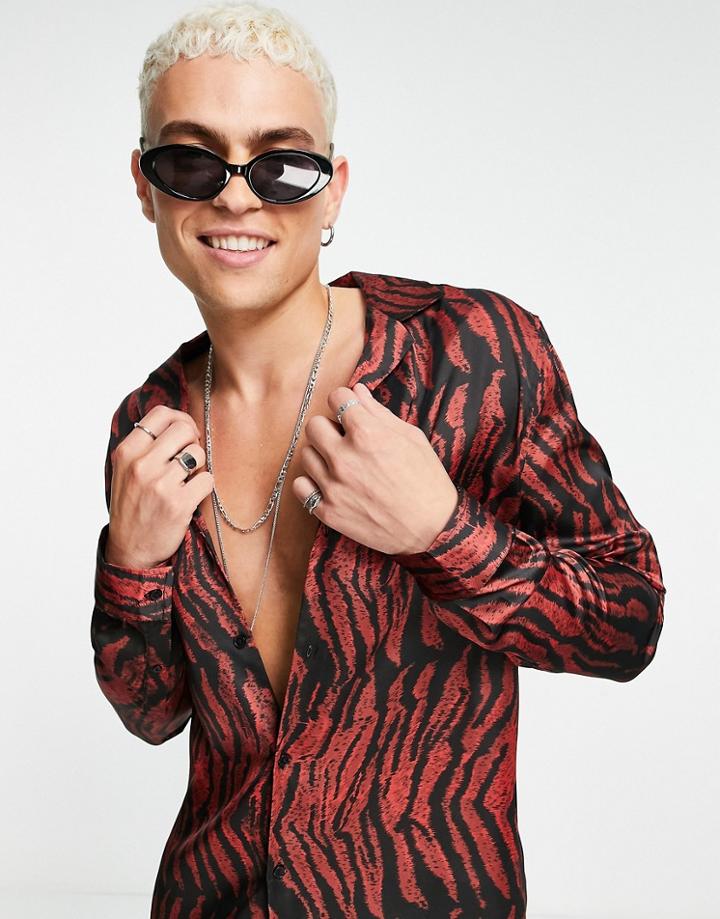 Asos Design Shirt With Deep Revere In Satin Tiger Print-black