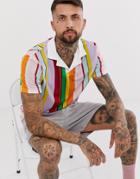 Asos Design Relaxed Polo With Revere Collar With Rainbow Vertical Stripe-multi