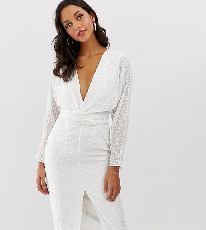 Asos Design Midi Dress With Batwing Sleeve And Wrap Waist In Scatter Sequin - White