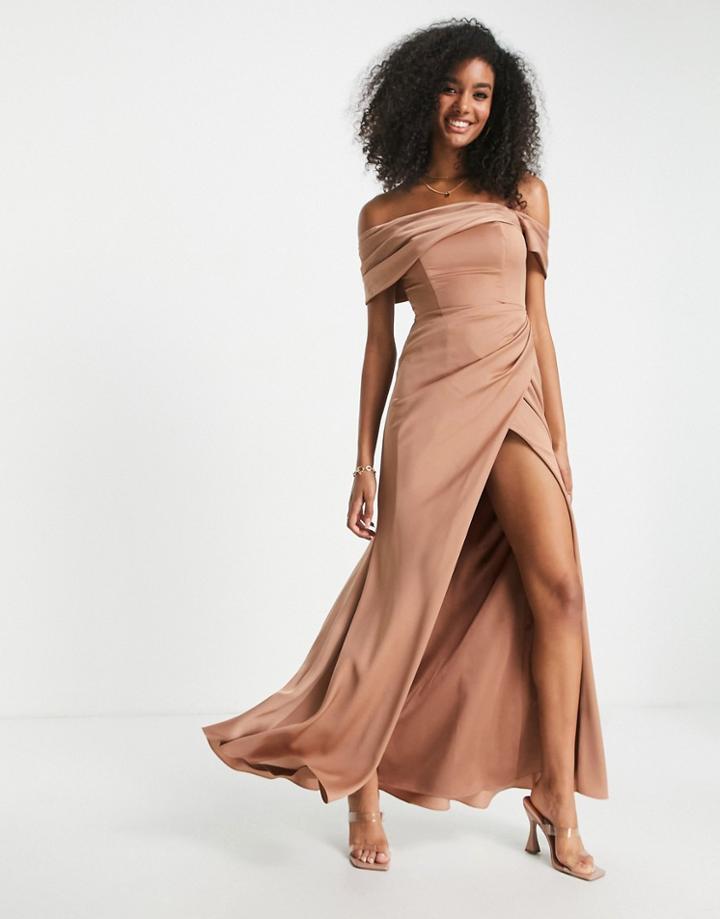 Asos Edition Satin Bardot Drape Wrap Maxi Dress In Mocha-brown