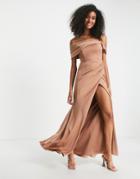 Asos Edition Satin Bardot Drape Wrap Maxi Dress In Mocha-brown