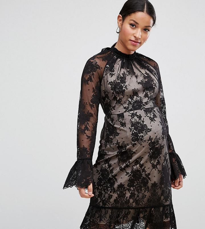 Asos Maternity High Neck Open Back Lace Mini Dress-black