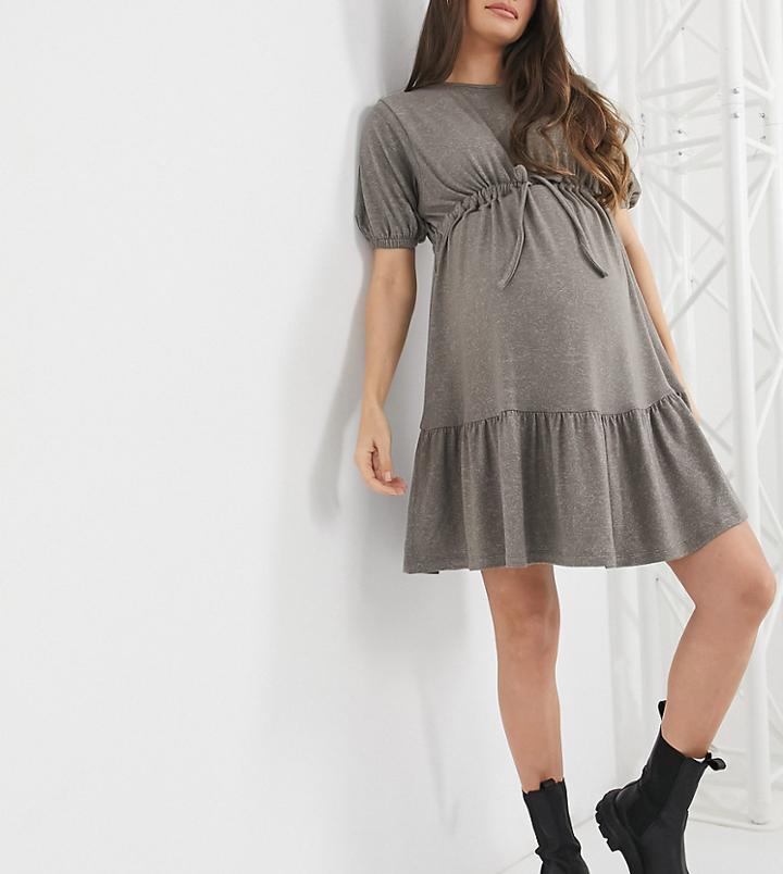 Asos Design Maternity Super Soft Short Sleeve Tiered Ruched Waist Mini Dress In Mushroom-neutral