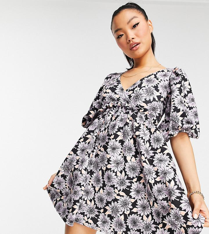 Asos Design Petite Mini Textured Frill Smock Dress In Lilac Daisy Floral-purple