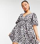 Asos Design Petite Mini Textured Frill Smock Dress In Lilac Daisy Floral-purple
