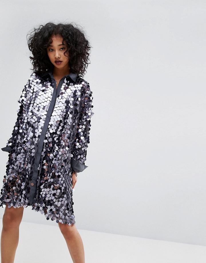 Religion Sequin Shirt Dress - Silver
