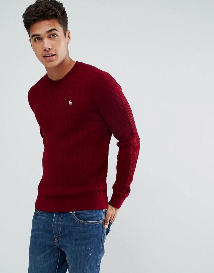 Abercrombie & Fitch Preppy Cable Knit Sweater Moose Logo In Burgundy - Red