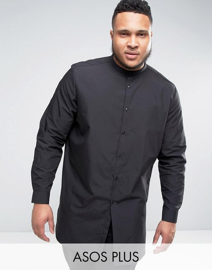Asos Plus Super Longline Shirt With Grandad Collar In Black - Black