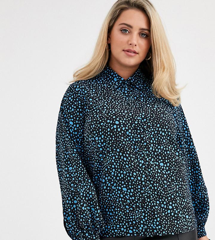 Fashion Union Plus Shirt With Tie Sleeves In Blue Dalmatian-multi