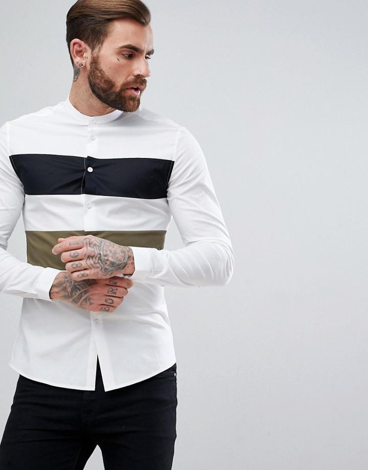 Asos Skinny Shirt With Khaki And Black Cut And Sew Panel - White