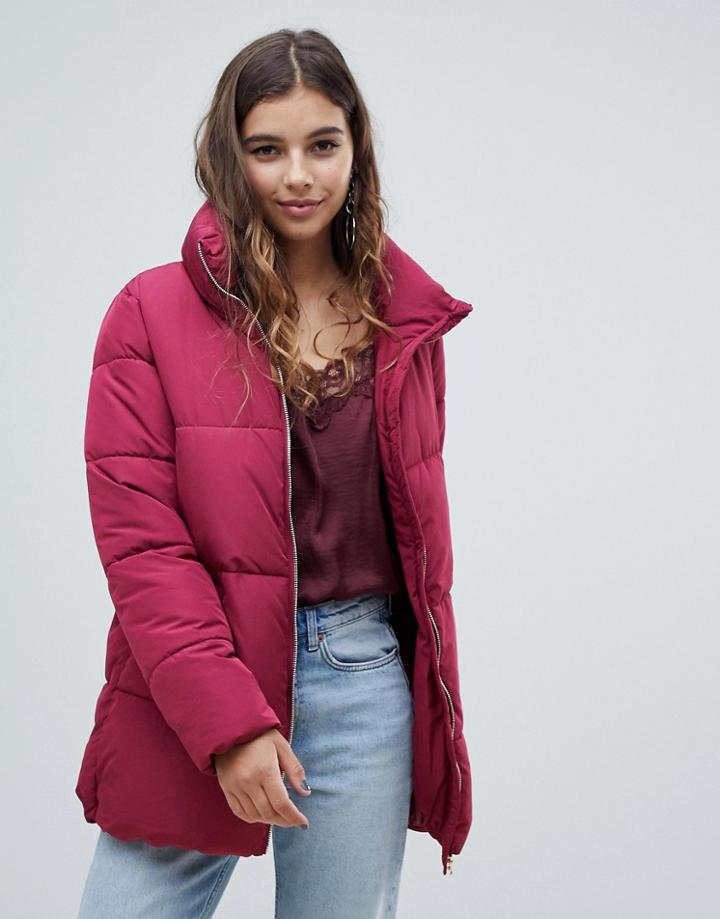 Jdy High Neck Padded Long Jacket - Red