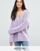 Asos Tall Chunky Sweater In Fluffy Yarn With V Neck - Purple
