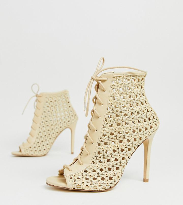 Miss Selfridge Woven Heeled Shoes With Lace Up In Cream
