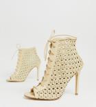 Miss Selfridge Woven Heeled Shoes With Lace Up In Cream