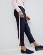 Asos Design Tapered Smart Pants In Navy With Pink Frill Side Stripe - Navy
