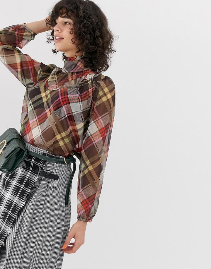 Lost Ink Blouse With Shirring In Check-multi