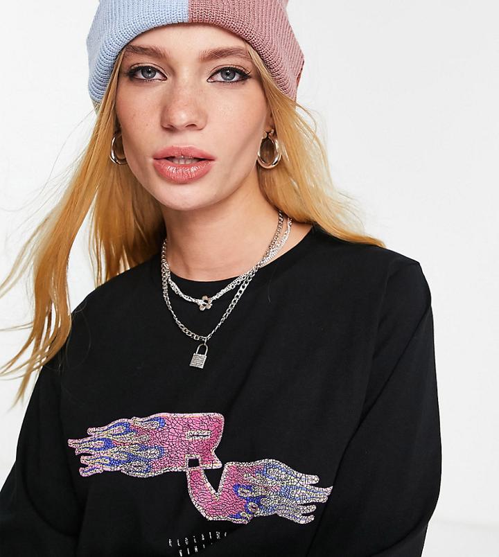 Reclaimed Vintage Inspired Long Sleeve T-shirt With Pink Flame Rv Logo-black