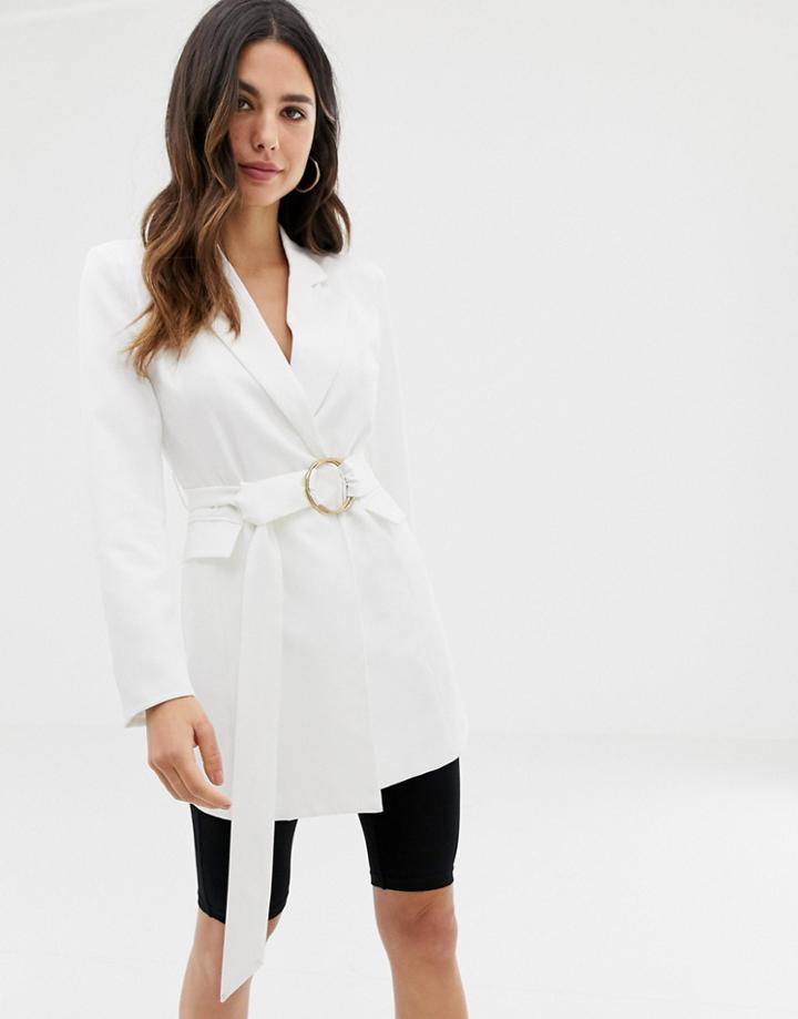 Club L London Longline Blazer With Buckle Detail In White