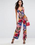 Asos Ruffle Jumpsuit In Floral Print With Tie Back - Multi