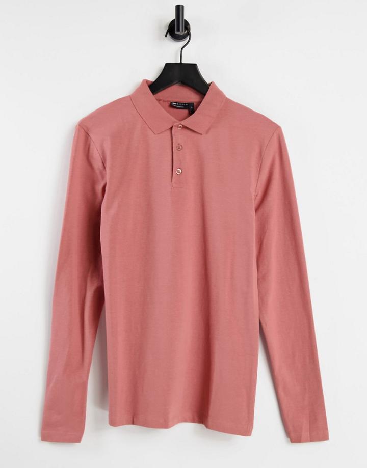 Asos Design Organic Muscle Fit Long Sleeve Jersey Polo In Washed Pink